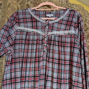 Fleece Nightgown Plaid Gray Red Lace Warm Cozy 18